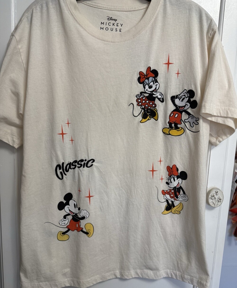 Disney Mickey Minnie Mouse Womens M 8/10 Ivory Graphic T Shirt Front Back Print